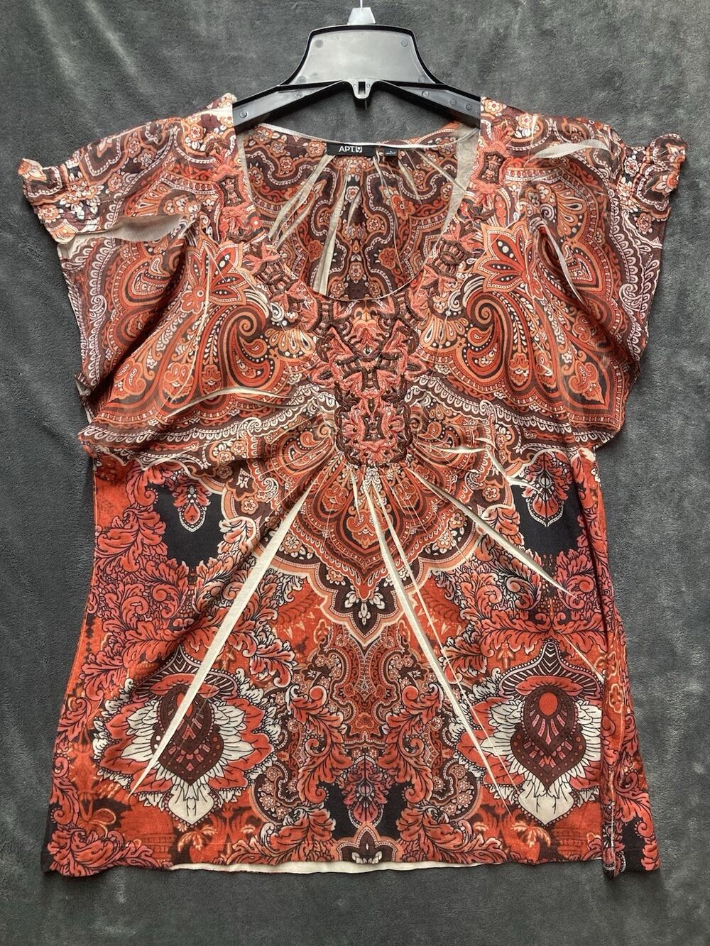 Y2K Apt 9 Orange Paisley Embroidered Neck Flutter Sleeve Blouse Indie Sz L